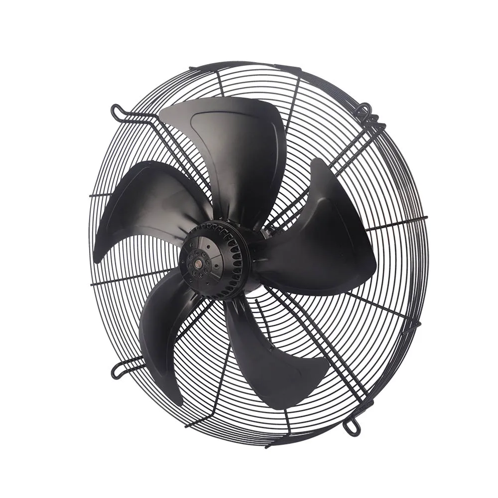Axial fan component with exposed front blades, mounting ears and a rear wire grille