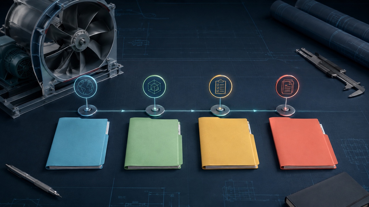 Fan efficiency review workflow connecting market, configuration, test basis and evidence records