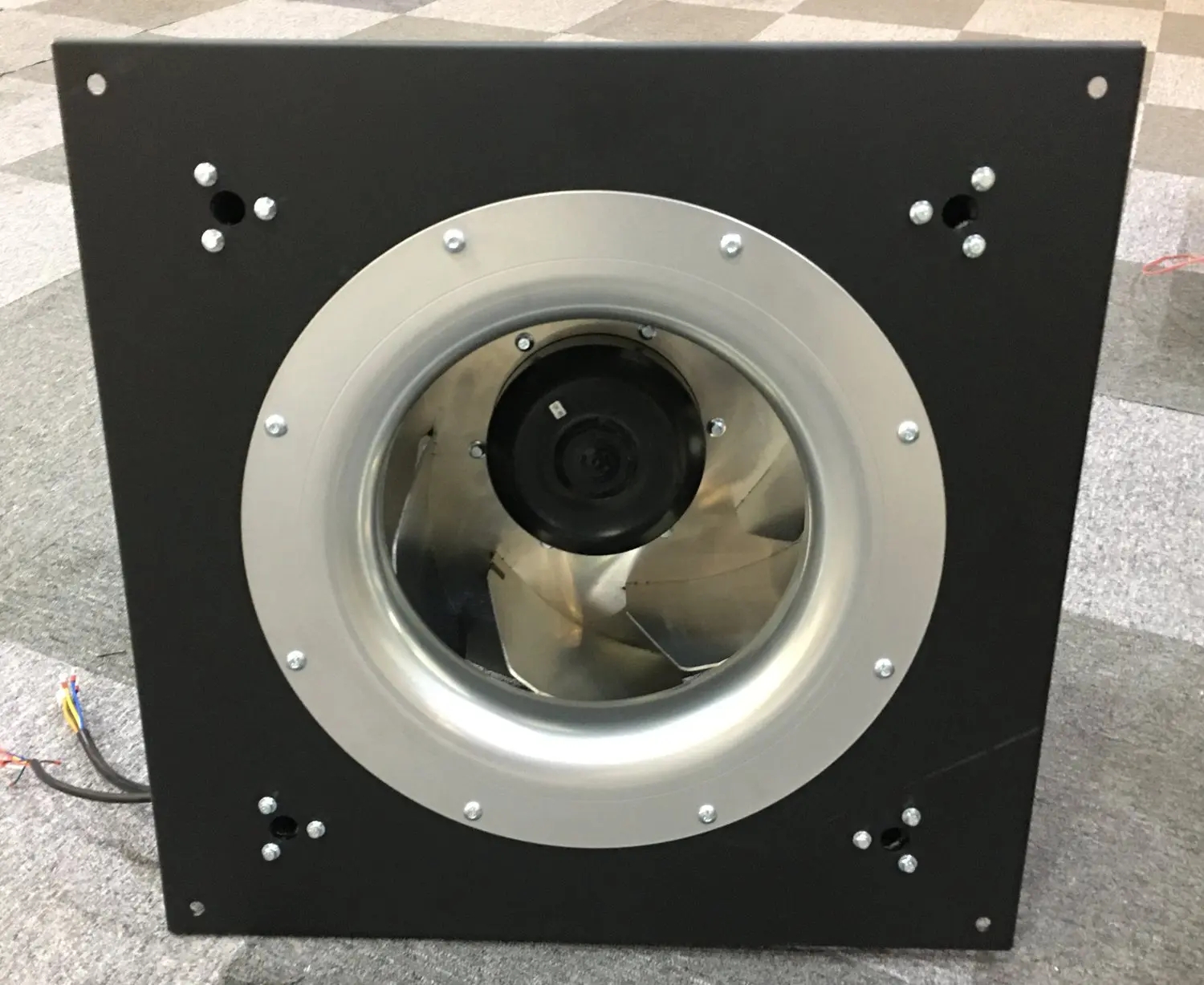 Panel-mounted centrifugal fan with inlet ring and wiring
