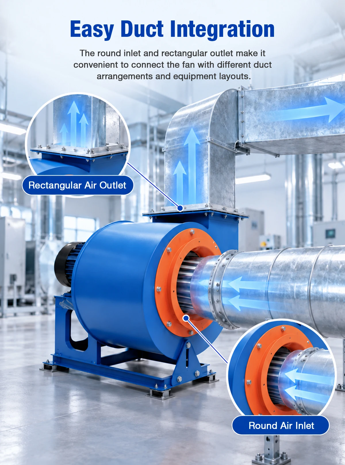 Easy Duct Integration with Round Air Inlet and Rectangular Air Outlet