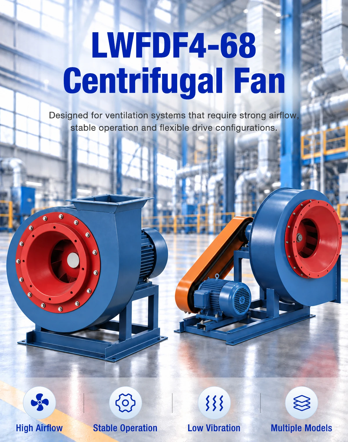 LONGWELL LWFDF4-68 centrifugal fan with direct drive and belt drive configurations