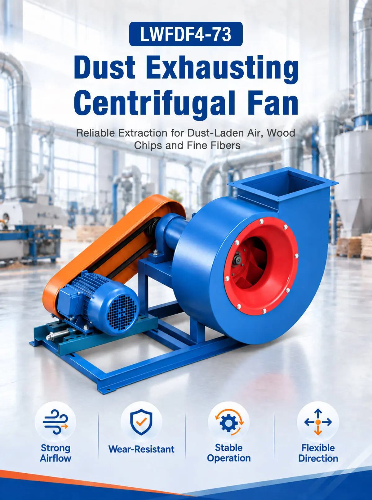 LONGWELL LWFDF4-73 dust exhausting centrifugal fan with belt drive transmission