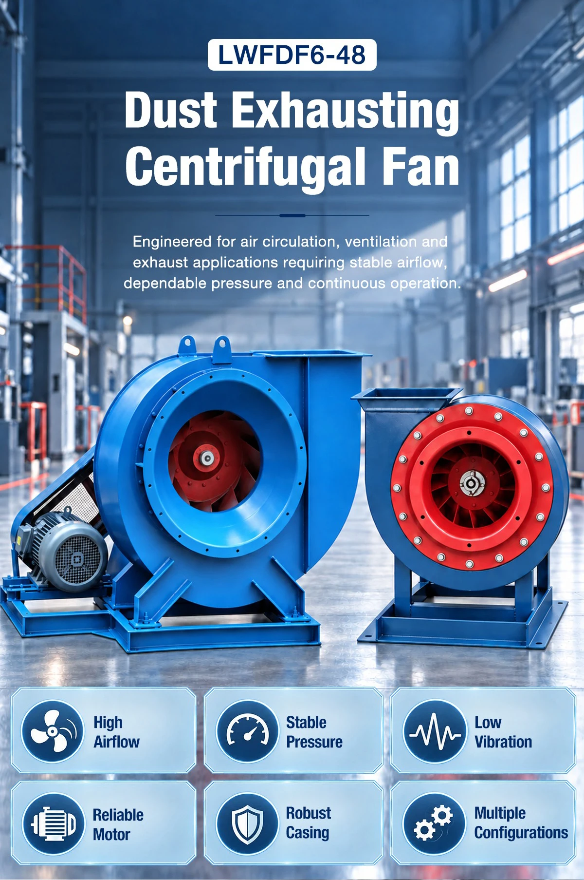 LONGWELL LWFDF6-48 dust exhausting centrifugal fan with direct drive and belt drive configurations